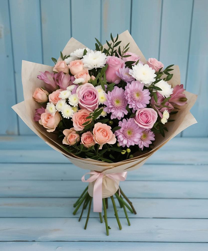 Букет цветов из: Хризантемы, Розы и Альстромерии в Чекалине