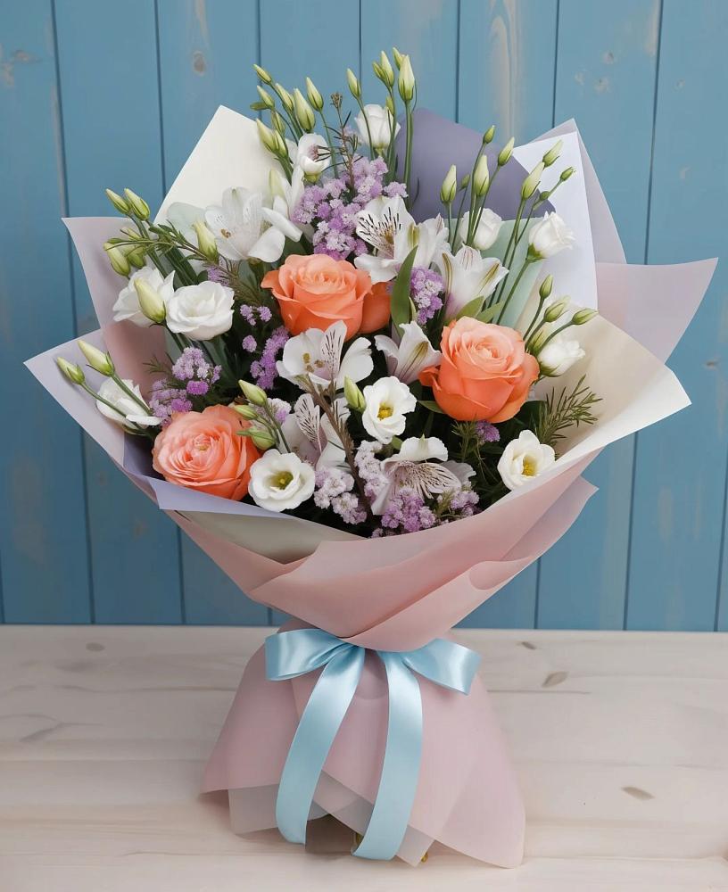 Букет цветов из: Лизиантусы, Розы, Альстромерии и Гипсофила в Чекалине