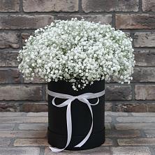 Цветочная композиция из Гипсофила в шляпной коробке в Чекалине